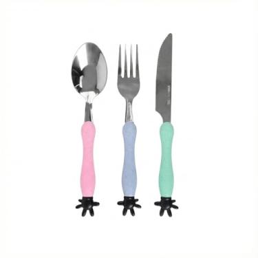 Imagem de Kit Infantil de Talheres em Aço Inox, Cabo Ergonômico em Cores Pastel Rosa, Azul e Verde, com Estojo Decorativo, 3 Peças