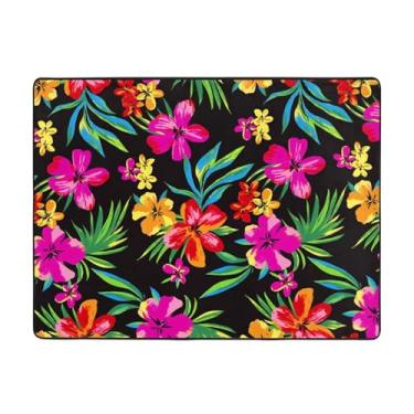 Imagem de ZERAOKE Tapete de área de flores havaianas 48 x 63 polegadas, lavável na máquina com suporte antiderrapante, tapetes macios para sala de estar, quarto, entrada, quarto de crianças, decoração de casa