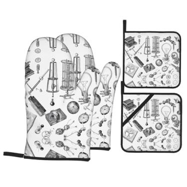 Imagem de Physics - Conjunto de luvas de cozinha estampadas com suportes de tampa, luvas de forno resistentes ao calor para manusear panelas quentes, grelhar, churrascos, kit de 4 peças.