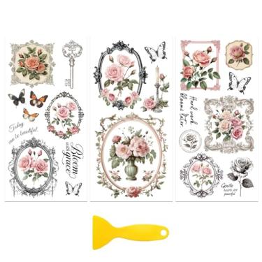 Imagem de Peacoblue Adesivo de transferência para decoração de móveis artesanais 3 peças moldura rosa vintage, 15 cm x 30 cm à prova d'água UV DTF transferência para gaveta cômoda vidro porcelana madeira