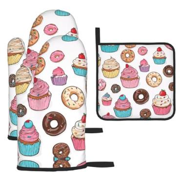 Imagem de Padrão de cupcake – Conjunto de cozinha essencial de 3 peças, luvas seguras para calor e alça de tampa, proteção para churrasco no forno, design de armazenamento suspenso.