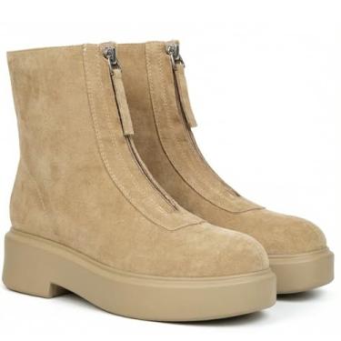 Imagem de BeeLg Bota feminina plataforma cano curto Chelsea bota de outono com zíper frontal de couro de combate, Camurça marrom, 40