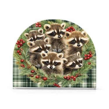 Imagem de Qilmy Porta-guardanapos de guirlanda de Natal de guaxinim bonito para mesas, suportes de guardanapo de papel de prato acrílico elegante, dispensador de papel de seda independente moderno para sala de