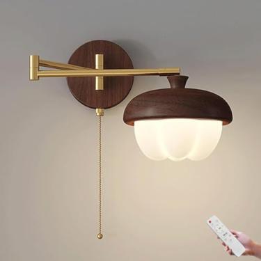Imagem de Luminária de parede LED de 12W com controle remoto, dimerizável, braço giratório, acabamento em madeira, ajustável, para leitura em ambientes internos, com interruptor de puxar, 3 níveis de