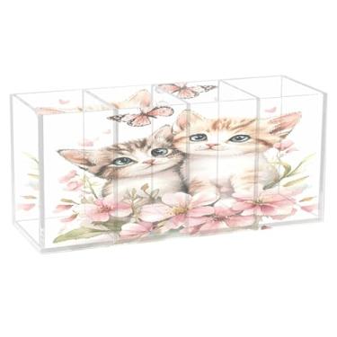 Imagem de Burbuja Porta-canetas de acrílico borboleta de dois gatinhos, 4 compartimentos, suporte de lápis transparente para pincel de maquiagem estacionário, acessórios de mesa de escritório em casa