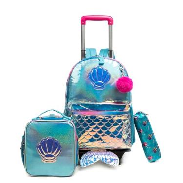 Imagem de Mochilas de Rodinhas Infantis CUTBLAJAT - Conjunto de 3 peças com lancheira e estojo - Estilo cauda de sereia azul com estampa de conchas