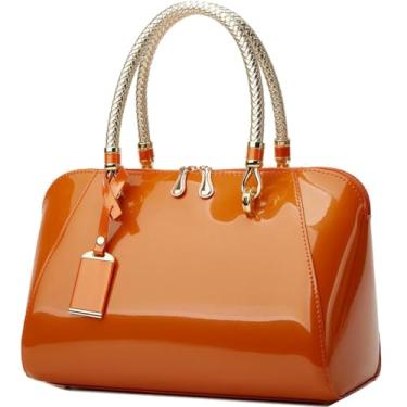 Imagem de XingChen Bolsa feminina brilhante de couro envernizado tamanho grande bolsa de ombro brilhante bolsa de ombro bolsa de festa, Laranja, One Size