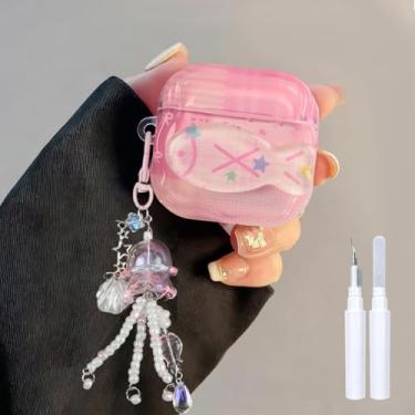 Imagem de COTYPOFLIYTT Capa compatível com AirPods 4 com kit de limpeza, chaveiro de estrela de peixe fofo de TPU macio à prova de choque para AirPods 4ª geração - rosa