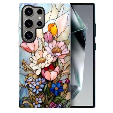 Imagem de heindiy Compatível com Samsung Galaxy S23 Ultra, capa brilhante, proteção total, à prova de choque, anti-arranhões, capa de TPU, capas para homem, mulher, vintage, margaridas selvagens, tulipas e