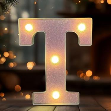 Imagem de Letreiro de LED com letra T, sinal iluminado do alfabeto para decoração de casa, decorações de festa de casamento de aniversário - rosa T