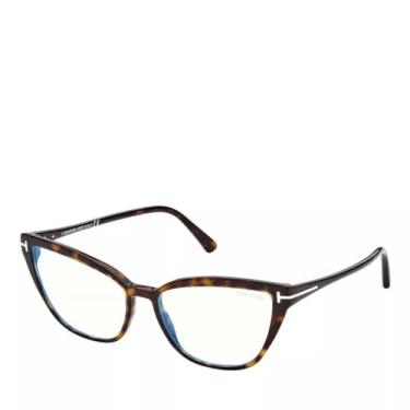 Imagem de Tom Ford FT 5825-B Bloco azul Havana escura/filtro azul 55/16/140 armação de óculos feminina, Havana escura brilhante, logotipo "T"/lentes azuis, 55/16/140
