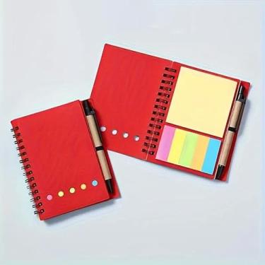 Imagem de 1 bloco de notas adesivas espiral de bolso com suporte de caneta, caderno autoadesivo com capa de papel, 10,4 x 13,5 cm, compacto e portátil, vermelho