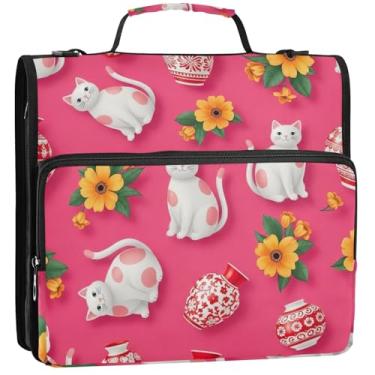 Imagem de Fichário branco de cerâmica para gatos rosa 3,8 cm, fichário organizador com zíper com alça de ombro para armazenamento de estudantes escolares, estojo com alça, 34,5 x 31,5 x 9 cm