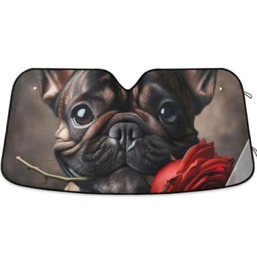 Imagem de Para-sol de carro floral rosa buldogue personalizado para para-brisa universal dobrável persianas de janela de carro para-brisa frontal floral animal L, 144,8 cm x 80 cm