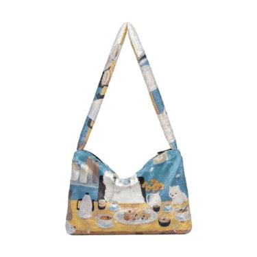 Imagem de GAIGEO Bolsa de ombro retrô amarela abstrata lua gato senhora, bolsa transversal para mulheres, bolsa feminina para uso ao ar livre, Cachorrinho comendo giz de cera de desenho animado, One Size