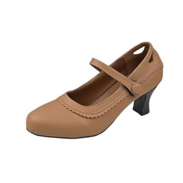 Imagem de Moda feminina casual verão cor sólida salto grosso renda bico redondo salto alto para mulheres estilo retrô, Caqui, 38