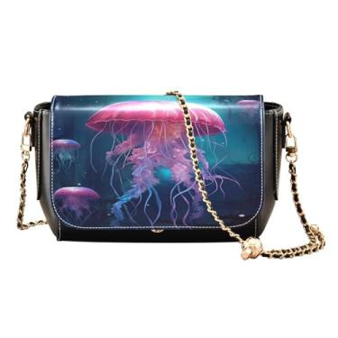 Imagem de Bolsa tiracolo de couro médio com chapéu de duende e trevo, bolsas transversais de couro, bolsas de ombro para mulheres tamanho médio, Mar subaquático com água-viva brilhante-3, One Size