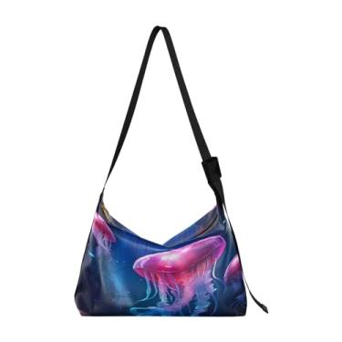 Imagem de Bolsa tiracolo de couro grande com folhas de limão, bolsa transversal de couro vegano, bolsa de ombro feminina, Água-viva azul no oceano com luzes neon - 3, One Size