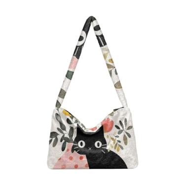 Imagem de GAIGEO Cute Cat Behind Broken Wall Bolsa feminina, bolsa tiracolo para mulheres, bolsa feminina para uso ao ar livre, Vaso de planta de bolinhas rosa gato preto, One Size