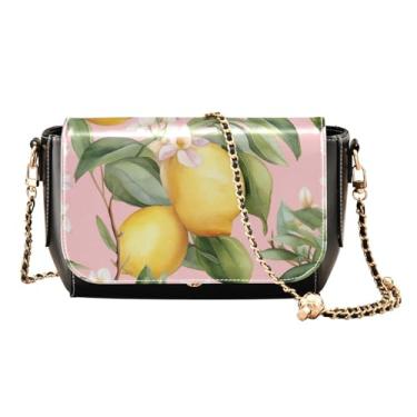 Imagem de Bolsas de couro floral em azul escuro para mulheres modernas, bolsas de ombro de couro PU, bolsas transversais de couro, Limões amarelos com flores - 4, One Size