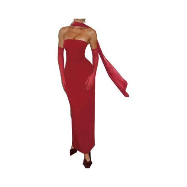 Imagem de Vestido Maxi Sem Alças Para Mulheres, Elegante Com Luvas De Malha, Mod