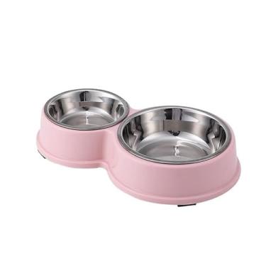 Imagem de Comedouro e bebedouro inox Duplo para bicho de estimação cachorro ou gatos C/antiderrapante - 28 * 14 * 5CM, Perfeita para Ração e Água, Bem-Estar Pet(Rosa)