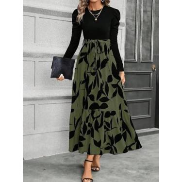 Imagem de Vestido longo feminino preto com manga bufante e folha de oliveira - vestido casual de manga comprida com cintura amarrada, Verde escuro, X-Large