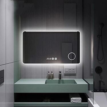 Imagem de Espelho de banheiro LED inteligente com iluminação anti-embaçante maquiagem luz regulável com interruptor de toque montado na parede espelho cosmético traseiro iluminado para banheiro, A-60 x 80 cm