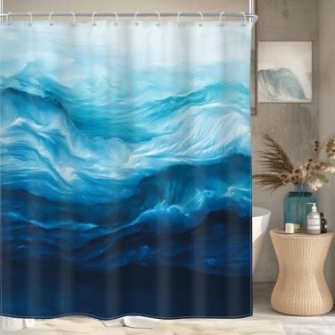 Imagem de Riyidecor Cortina de chuveiro ondulada do mar azul oceano litoral náutico abstrato praia ombré moderna beira-mar natureza simples minimalismo 152 x 182 cm de altura tecido neutro decoração banheiro