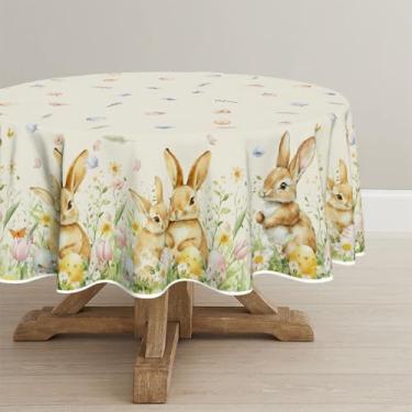 Imagem de Horaldaily Toalha de mesa redonda de Páscoa, 178 cm x 177 cm, coelhinho, tulipas, margarida, lavável no chão, para decoração de festa, piquenique, jantar