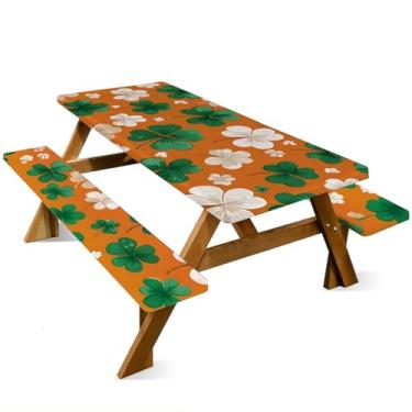 Imagem de ANNA QUEEN Conjunto de capa de mesa de piquenique de boneco de neve de Natal de 1,82 m com capas de banco, 3 peças, 183 x 76 cm, proteção de móveis para banco e toalha de mesa (trevo de quatro folhas