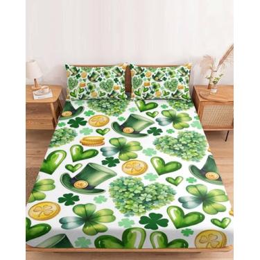 Imagem de Jogo de lençol Queen com chapéu de trevo de dia de São Patrício, para colchão de até 40,6 cm, lençol com bolso profundo de microfibra macia com 2 fronhas, decoração de hotel/quarto