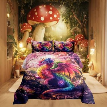 Imagem de Conjunto de edredom tamanho dragão queen, para crianças, meninos, adolescentes, animais exóticos, decoração de quarto de jovens e homens, conjunto de colcha de cerejeira sonhadora, 3 peças, inserção
