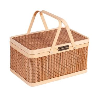 Imagem de Ｂｅｓｇａ Cesta de em bambu trançado, porta-ovos, feita à mão, com tampa e alça, ideal para pão e atividades ao ar livre.