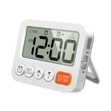 Imagem de Baoblaze Despertador digital com timer, 2 alarmes, função, volume ajustável, relógio de mesa pequeno com visor LCD grande, ideal para quarto e, Branco