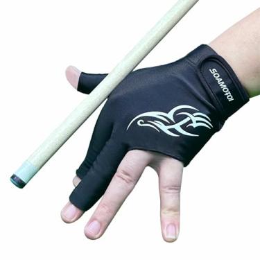 Imagem de soamotoi Luva de bilhar mão esquerda com 3 dedos, luva de bilhar respirável, secagem rápida, luvas profissionais de sinuca para acessórios de bilhar, luvas duráveis para tacos de bilhar (preta, M)