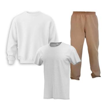 Imagem de Kit Roupa Presídio Camiseta Branca Blusa e Calça Cáqui Moletom - Sete 