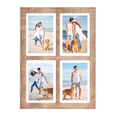 Imagem de YESKAY Colagem de porta-retratos 12 x 18 cm – Moldura marrom rústica com 4 aberturas, 13 x 18 cm, várias molduras de colagem de fotos com vidro temperado para montagem em mesa ou parede (pacote com 1)