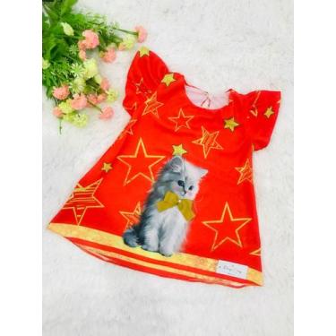 Imagem de Bata Trapézio Dourado Gatinho Natal Menina Vermelho Brilho - Dany E Da