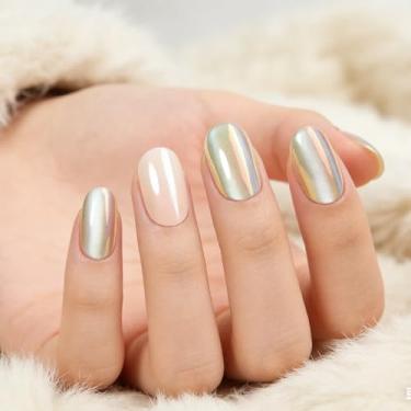 Imagem de Conjunto de 24 peças de unhas de pressão – olho de gato rosa claro e cauda de sereia oval curto (2 cm), fácil de usar, reutilizável, pronto para outono e inverno, com cola super pegajosa e lixa de