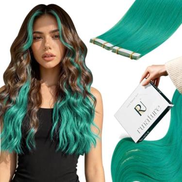 Imagem de RUNATURE Extensões de cabelo com fita adesiva - Trama de pele de cabelo humano cor azul-petróleo, cabelo natural Remy invisível, 45 cm, 25 g, 10 peças
