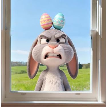 Imagem de Adesivos de janela de páscoa para janelas de vidro Coelhinho engraçado criativo com dois ovos de Páscoa na cabeça adesivos adesivos adesivos para decoração de quarto de crianças 11,8 × 15,7 polegadas