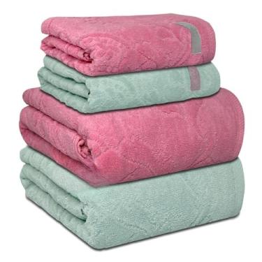 Imagem de Kit 4 Toalhas Banho e Rosto em Algodão Fio Penteado Macias Absorventes Conforto para Uso Diário e Decoração (Lago Congelado/Rosa Flamingo)