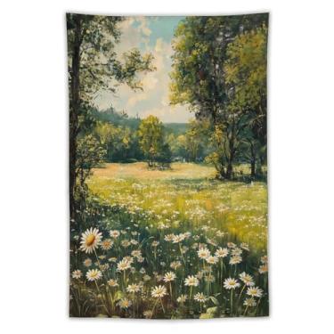 Imagem de Tapeçaria de jardim de primavera, pintura a óleo margarida prado, decoração floral com árvores verdes iluminadas pelo sol para sala de estar, quarto, decoração encantadora de arte da natureza sazonal
