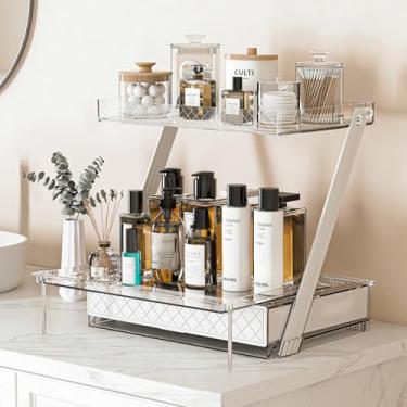 Imagem de Organizador de bancada de banheiro em forma de Z – penteadeira de 2 camadas com bandeja deslizante e gaveta para cuidados com a pele, maquiagem, perfume, cômoda de armazenamento de acrílico