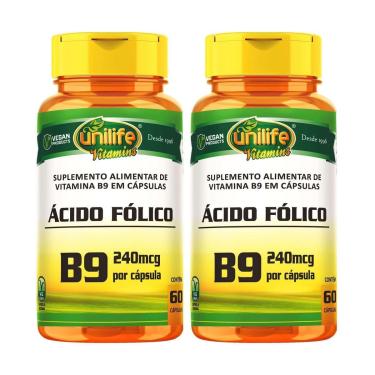 Imagem de Kit 2 Vitamina B9 240mcg 60 Cápsulas Ácido Fólico Unilife-Unissex