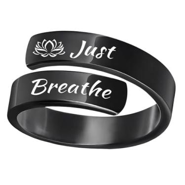 Imagem de KOFISNI Just Breathe Anel feminino de aço inoxidável espiral torcido vintage curativo usado para aliviar a ansiedade, joia inspiradora para presente de amizade, Vidro, Sem pedra preciosa