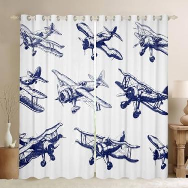 Imagem de Cortinas de janela de aviões para meninos, tratamentos de janela de cozinha desenhadas à mão, aviões azuis, estilo esboço com tema voador, cortinas de janela brancas para decoração de casa, 2 painéis
