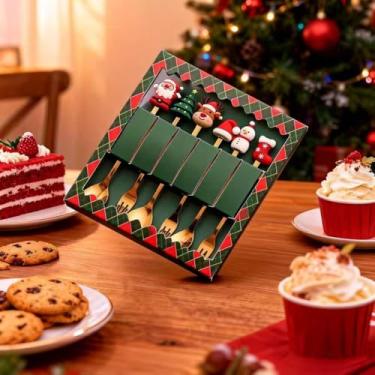 Imagem de HavenNest Conjunto de 6 talheres de Natal – 3 colheres douradas e 3 garfos, utensílios de sobremesa de aço inoxidável com caixa de presente para festas de fim de ano