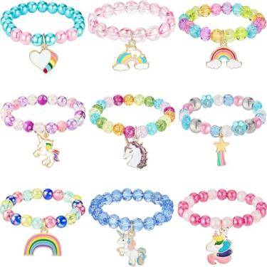 Imagem de Hicarer 9 peças de pulseiras coloridas de unicórnio para meninas pulseiras de unicórnio arco-íris unicórnio com contas para lembranças de festa de aniversário (estilo elegante)